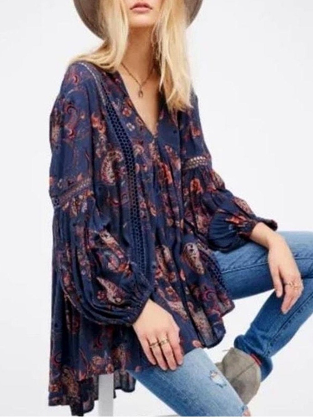 Free People Just The Two Of Us Paisley Babydoll Tunic Crochet Insets Oversize XS